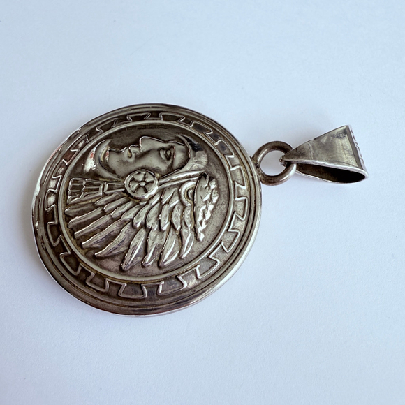 Native American Chief Double Sided Sterling Silver 925 Medallion Pendant 2" - Picture 3 of 8